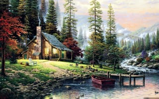 Обои дом, река, лес, райское место