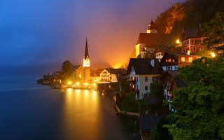 Картинка Hallstatt, Альпы, Austria, Гальштат, ночь, дома, огни, Австрия, горы, озеро, Alps