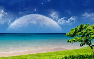 Картинка пляж, трава, небо, океан, дерево, облака, планеты