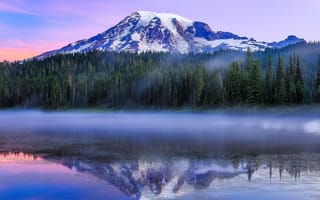 Обои Reflection Lake, Вашингтон, гора Рейнир, Paradise, утро, отражение, гора, Washington, стратовулкан, лес, Mount Rainier, Mount Rainier National Park, Национальный парк Маунт-Рейнир, озеро