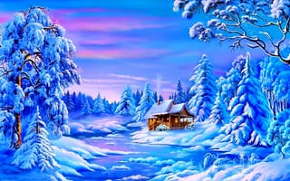 Картинка зима, снег, лес, избушка