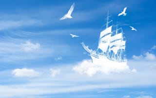 Картинка птицы, небо, судно, корабль, яхта, пейзаж, облака, птица