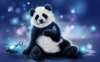 Картинка панда, медведь, бабочка, мотылек, цвета, свет, фонарь