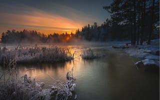 Картинка природа, снег, озеро, закат