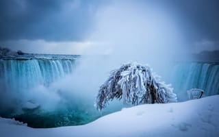 Обои водопад, зима, дерево, снег