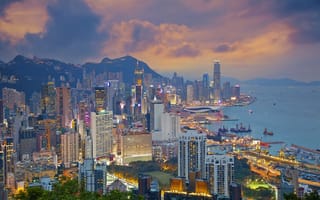 Картинка гонконг, ночной город, панорама, небоскрёбы, порт, побережье, здания, море, китай