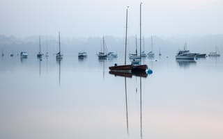 Картинка утро, лодки, тишина, озеро, покой, туман