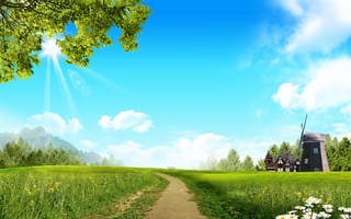 Картинка road, wide, summer, park, beautiful, day, meadow, village, sun