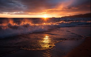 Картинка солнце, море, волна, песок, рассвет, облака, прибой