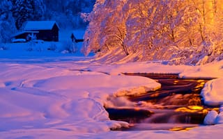 Картинка зима, снег, вечер, ночь, природа, поток, свет, река
