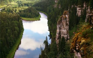 Картинка река, скалы, вид сверху, деревья