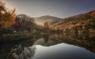 Картинка горы, солнце, река, отражение, осень