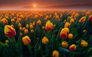 Картинка бутоны, поле, много, тюльпаны, рассвет, идерланды, туман, утро
