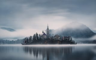Картинка осень, озеро, утро, туман, словения