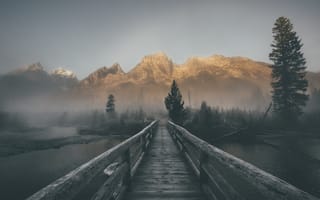 Картинка мост, горы, туман