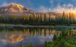 Картинка озеро, горы, деревья, туман