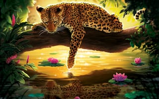 Картинка арт, животное, дерево, водяные лилии, leopard, леопард, отражение, дикая кошка, ветка, вода, хищник