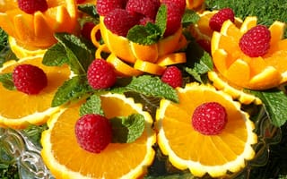 Картинка фрукты, апельсины, малина