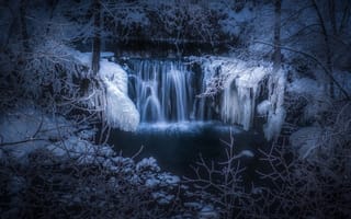 Картинка природа, зима, лес, водопад