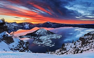 Картинка пейзаж, снег, закат, озеро, горы, природа