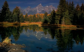 Обои озеро, гора, лес, осень
