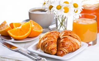 Картинка круассаны, завтрак, чай, апельсины, сок