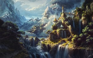 Картинка castle, waterfalls, artwork, alps, surreal, heaven, mountains