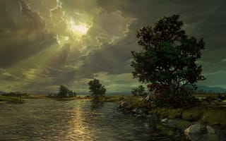 Картинка landscape, painting, sun, tree, clouds, nature, lake