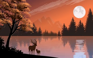 Картинка deer, front, lake, digital art
