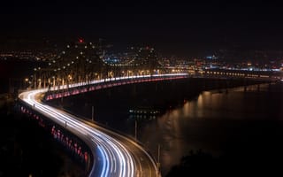 Картинка мост, дорога, ночь, река