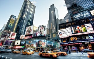 Картинка небоскребы, такси, реклама, нью-йорк, дорога