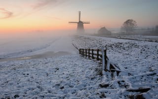 Картинка зима, туман, мельница, поле, красота