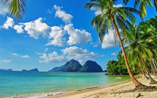 Картинка тропики, пляж, горы, пальмы, камни, облака, курорт, рай, небо, отдых, природа, океан