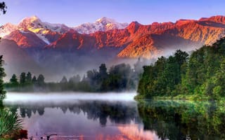 Картинка лес, утро, река, красиво, Новая Зеландия, природа, рыбалка, горы, туман, New Zealand