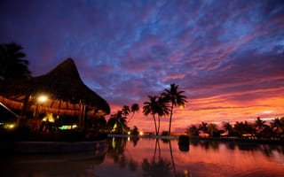 Картинка Таити, океан, отдых, остров Таити, огни, остров, красота, закат, пальмы, небо, курорт