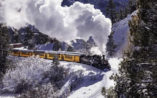 Картинка поезд, вагоны, USA, горы, паровоз, локомотив, Колорадо, зима