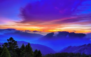 Картинка закат, горы, вид сверху, Тайвань, облака