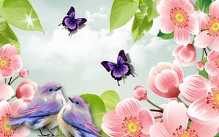 Картинка весна, розовые цветы, птички, бабочки