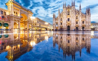 Картинка Италия, миланский собор, после дождя, огни, Милан, площадь, отражение, фонари