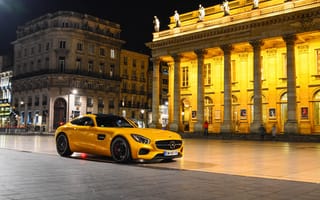 Картинка Mercedes-Benz, Front, Yellow, 2015, Place, GT S, AMG, Night, Square, Supercar, город