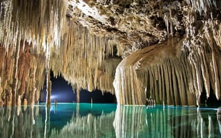 Картинка Подземное озеро, Мексика, Ривьера Майя, Сталактиты, Пещера