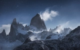 Картинка Горы, снег, Фицрой, by Даниил Коржонов, Патагония, лунный свет, ночь