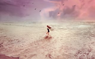 Картинка Минимализм, море, вода, девушка, птицы, пляж