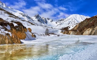 Картинка река, лед, by Zhaubasar, горы, снег, пик конституции, небо, белый иркут