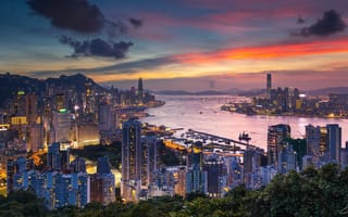 Картинка hong kong, evening, china, dawn, skyscrapers, victoria harbour, city, braemar hill
