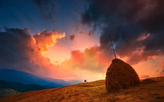 Картинка холмы, небо, стог, by Виталий Башкатов, закат, облака