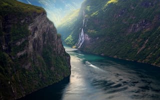 Картинка водопад, фьорд, Норвегия, горы, красота
