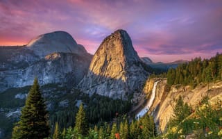 Картинка горы, леса, природа, цветы, водопад, США, красиво