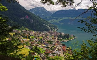 Картинка Швейцария, Gersau Lake Lucerne, Горы, Город, Озеро, Дома, природа