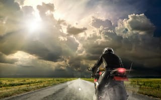 Обои мотоцикл, облака, дорога, hdr